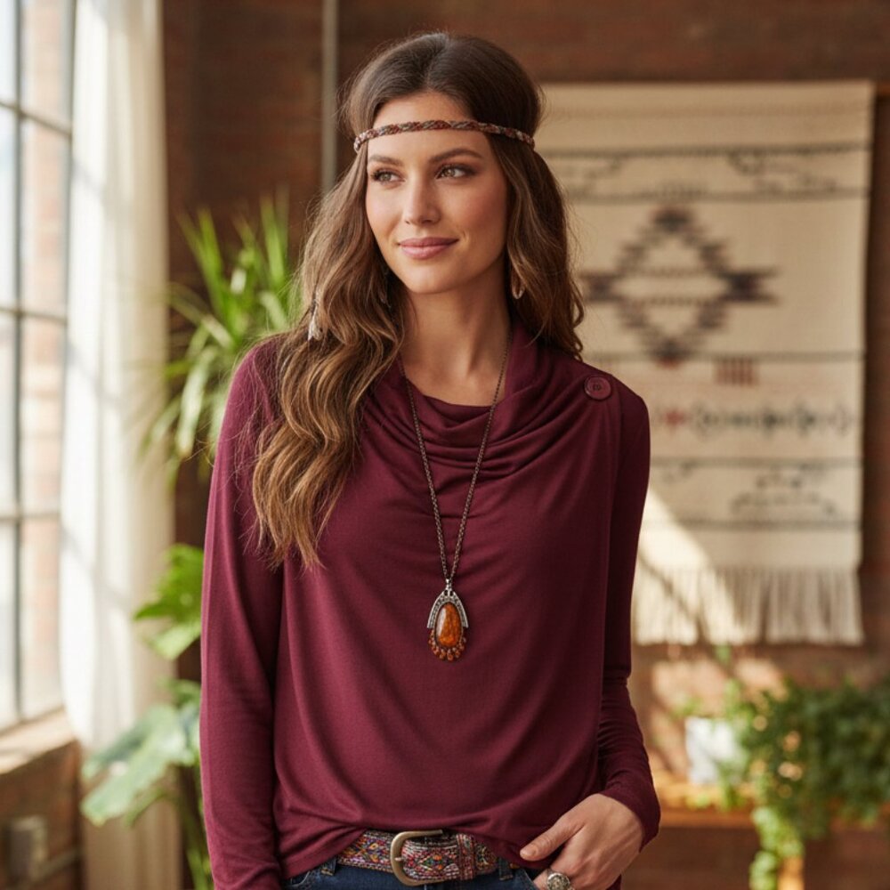 Faded Glory M 8‎ 10 Top Cowl Draped Burgundy Knit Womens Boho Cottage Whimsigoth